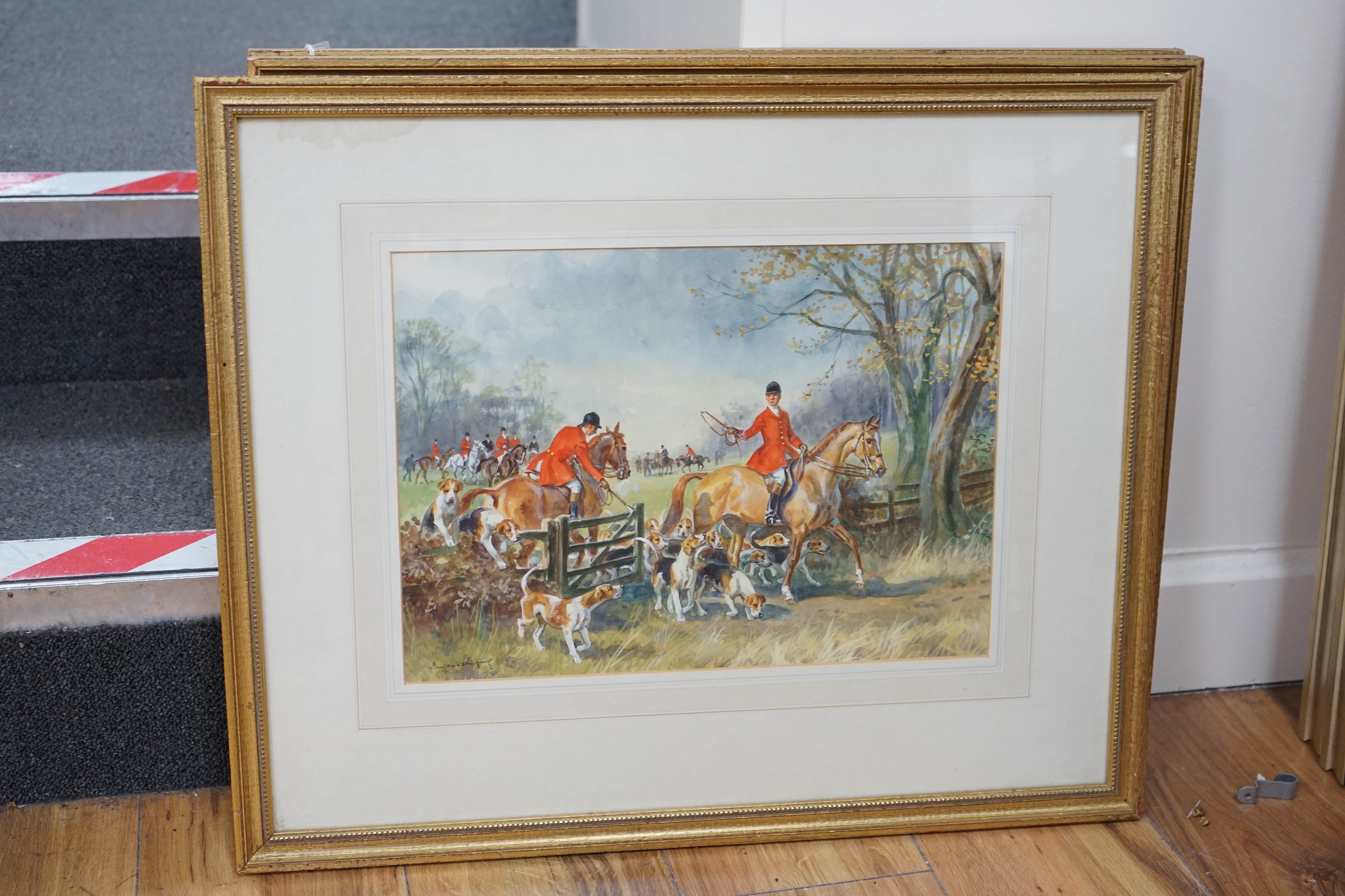 Set of four hunting interest watercolours, Huntsmen on horseback with hounds, each indistinctly signed, 26 x 36cm